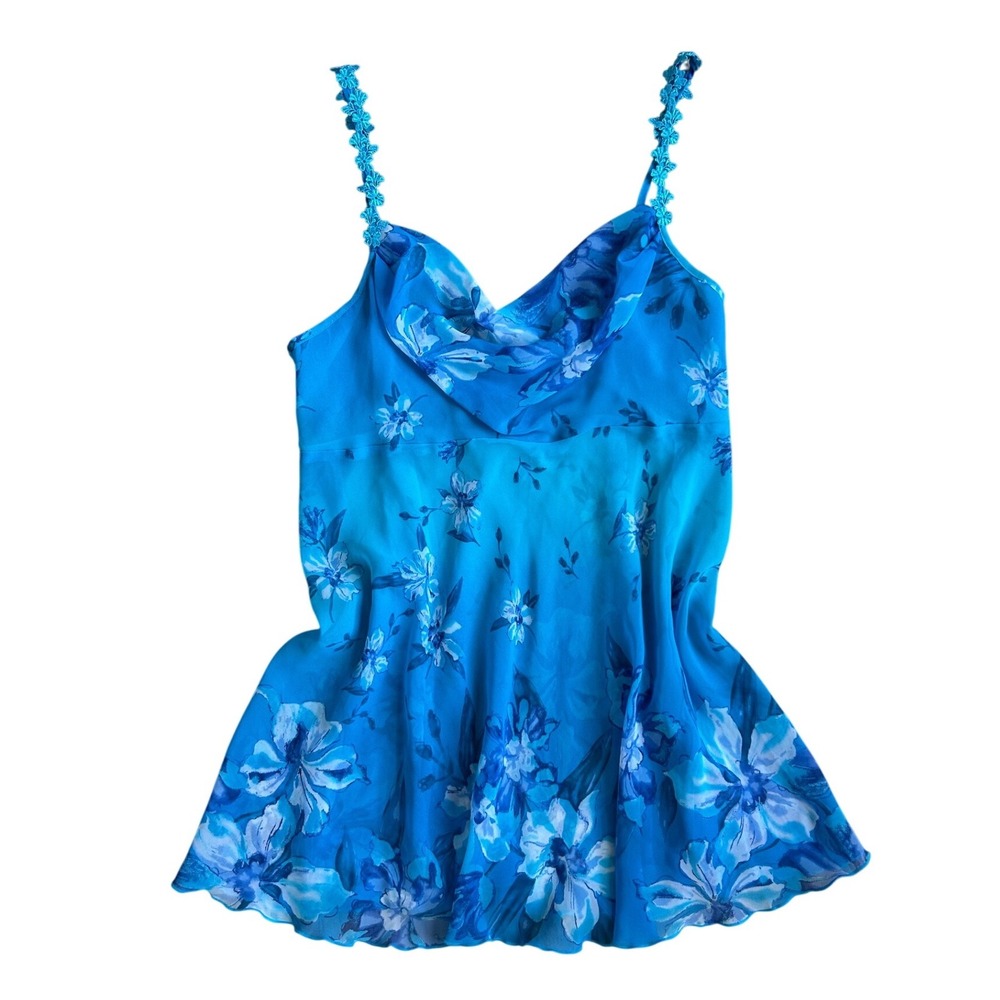 Vtg y2k Blue Floral Sheer Cami mini slip dress Cowl fairy‎ Crochet Strap Top M